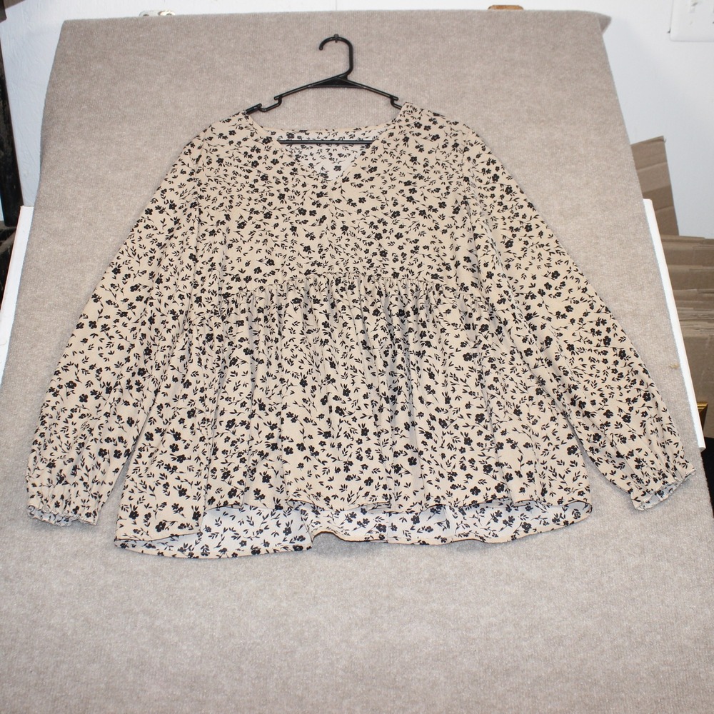 SHEIN Floral V-Neck Babydoll Top Tan Black Long Sleeve Peplum Blouse Medium